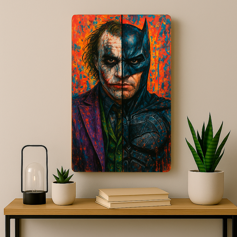 Quadro Decorativo Cultura Pop Meio Batman, Meio Coringa (Filme: Batman - O Cavaleiro das Trevas)